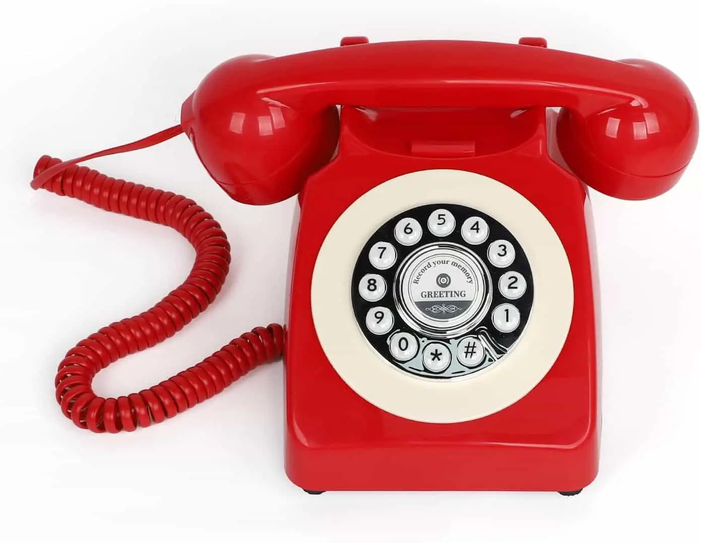Telefon retro roșu Classic50 Red cu cablu spiralat, vedere laterală, pe fundal alb