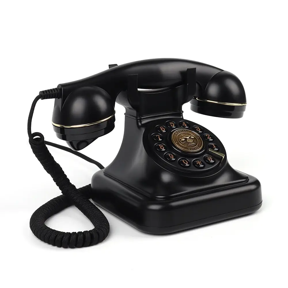 Telefon retro negru Elegance70 Black cu disc auriu, vedere laterală, pe fundal alb